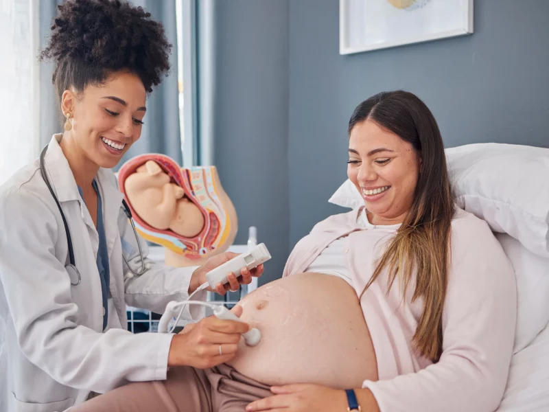 A pregnant woman with a doctor and a heart rate monitor